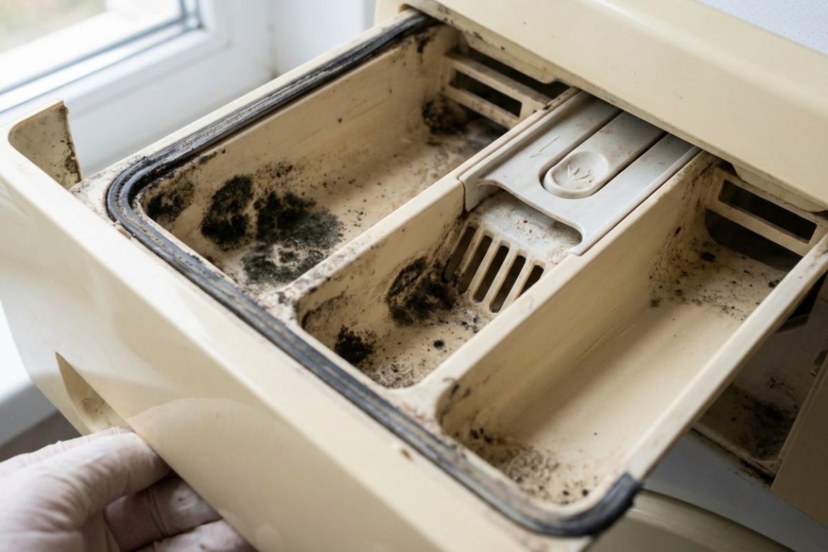 Skubiai patikrinkite miltelių dėklą skalbimo mašinoje: kodėl ten kaupiasi juodas pelėsis ir kaip jį pašalinti kartą ir visiems laikams (ne chloru!) 1 detalė